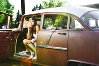 bride in a retro car