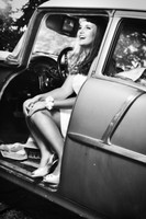 bride in a retro car black and white